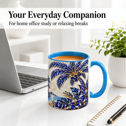 #pl[11oz|Blue] Blue Palm Tropical Ceramic Mug, Floral Coastal Artwork for Beach Fans