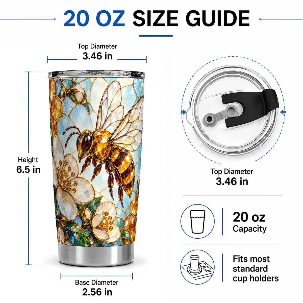 #pl[20oz|Steel] Honey Bee Floral 20oz Tumbler, Stained Glass Style Artwork