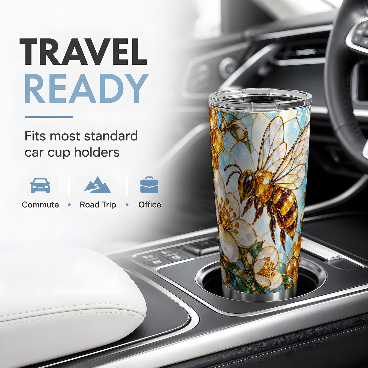 Honey Bee Floral 20oz Tumbler, Stained Glass Style Artwork