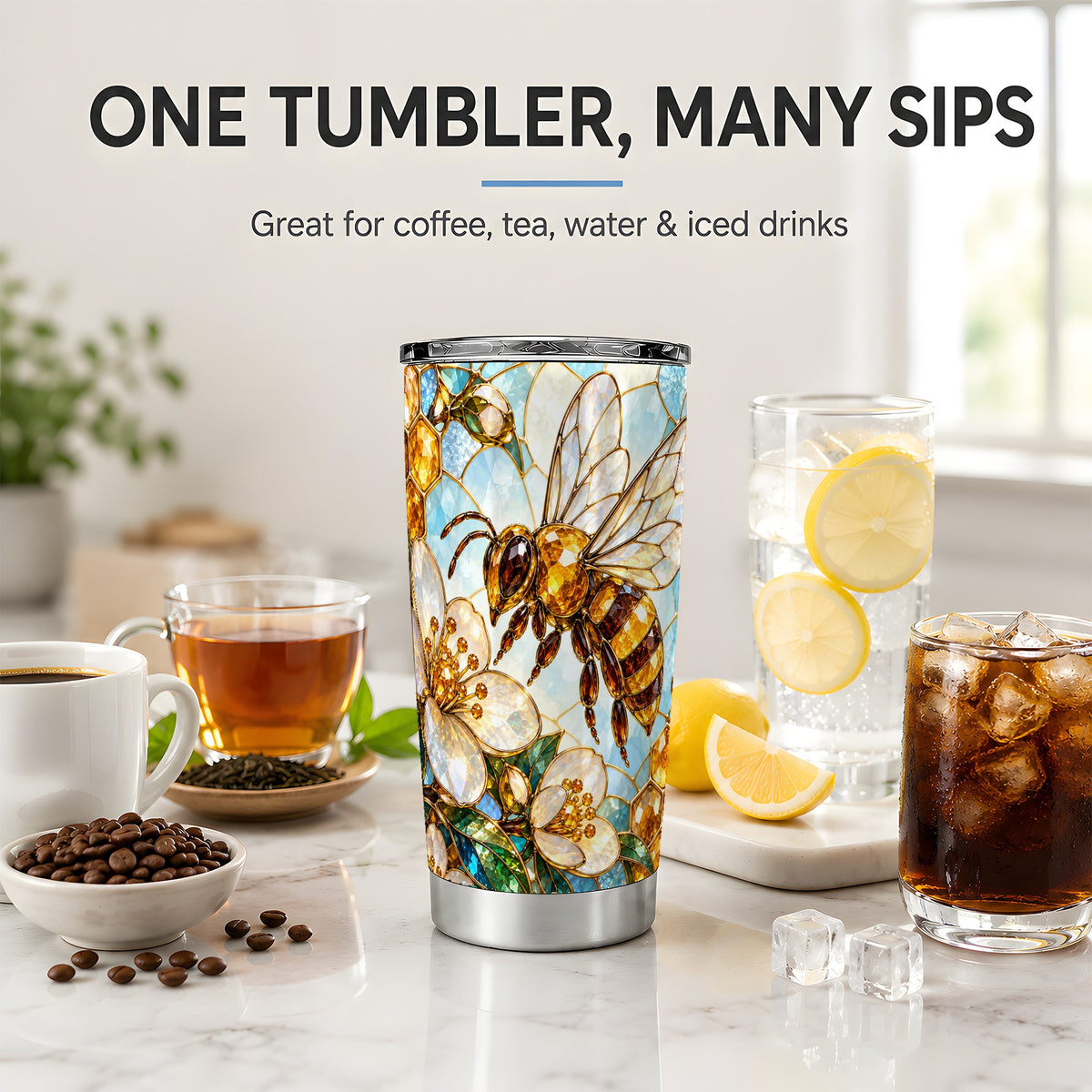 Honey Bee Floral 20oz Tumbler, Stained Glass Style Artwork