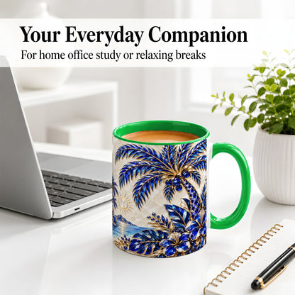 #pl[11oz|Green] Blue Palm Tropical Ceramic Mug, Floral Coastal Artwork for Beach Fans