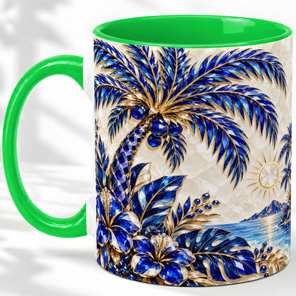 #pl[11oz|Green] Blue Palm Tropical Ceramic Mug, Floral Coastal Artwork for Beach Fans