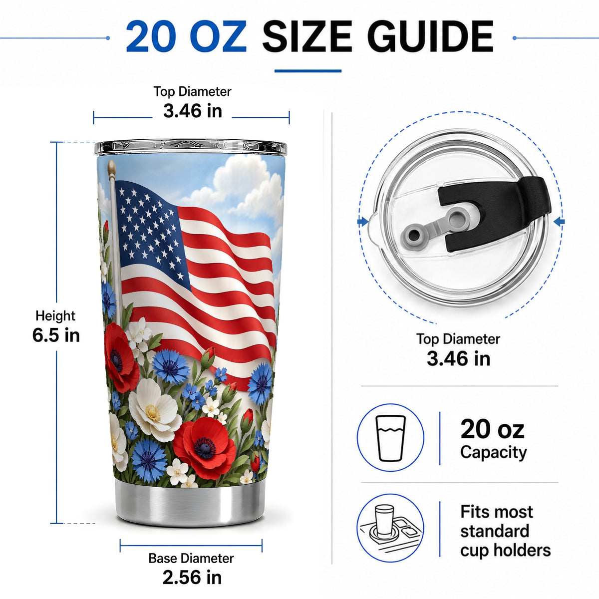 #pl[20oz|Steel] American Flag Floral 20oz Tumbler, Red White Blue Drinkware