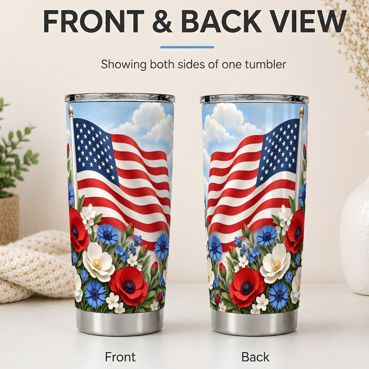#pl[20oz|Steel] American Flag Floral 20oz Tumbler, Red White Blue Drinkware