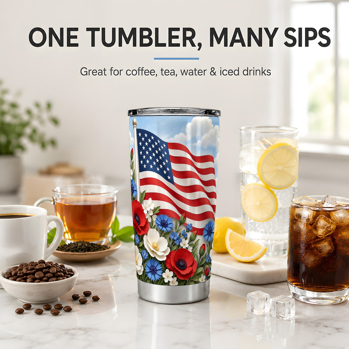 American Flag Floral 20oz Tumbler, Red White Blue Drinkware
