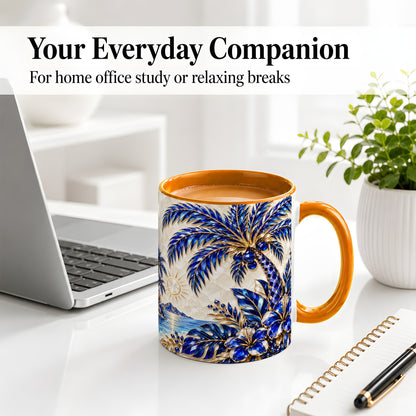 #pl[11oz|Orange] Blue Palm Tropical Ceramic Mug, Floral Coastal Artwork for Beach Fans