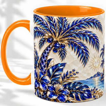 #pl[11oz|Orange] Blue Palm Tropical Ceramic Mug, Floral Coastal Artwork for Beach Fans
