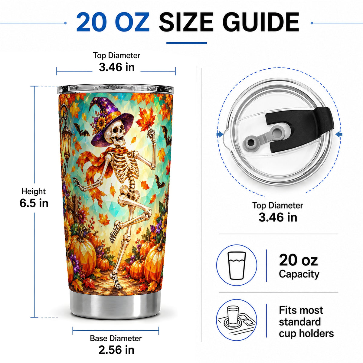 #pl[20oz|Steel] Halloween Skeleton 20oz Tumbler, Witch Hat Pumpkin Artwork