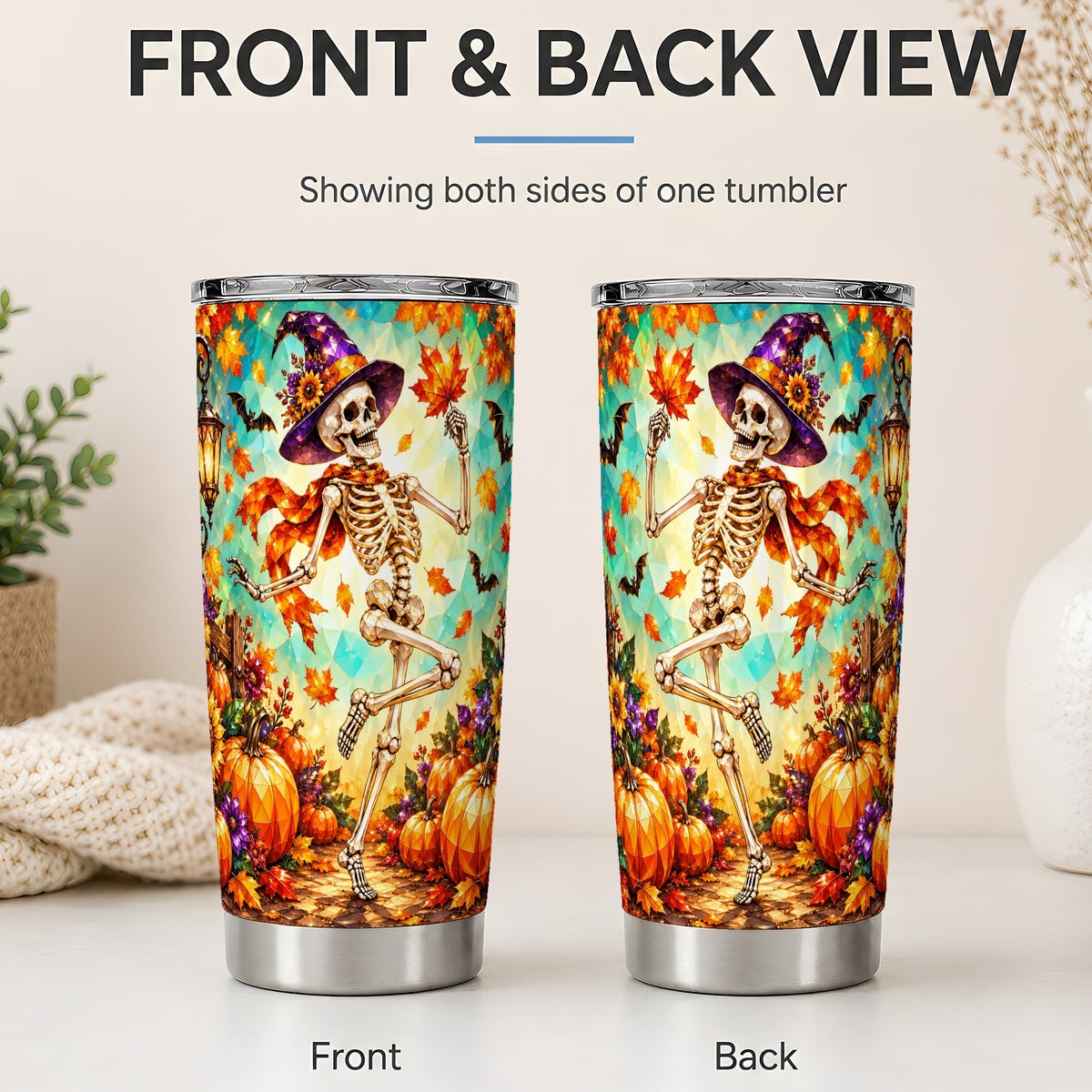 #pl[20oz|Steel] Halloween Skeleton 20oz Tumbler, Witch Hat Pumpkin Artwork