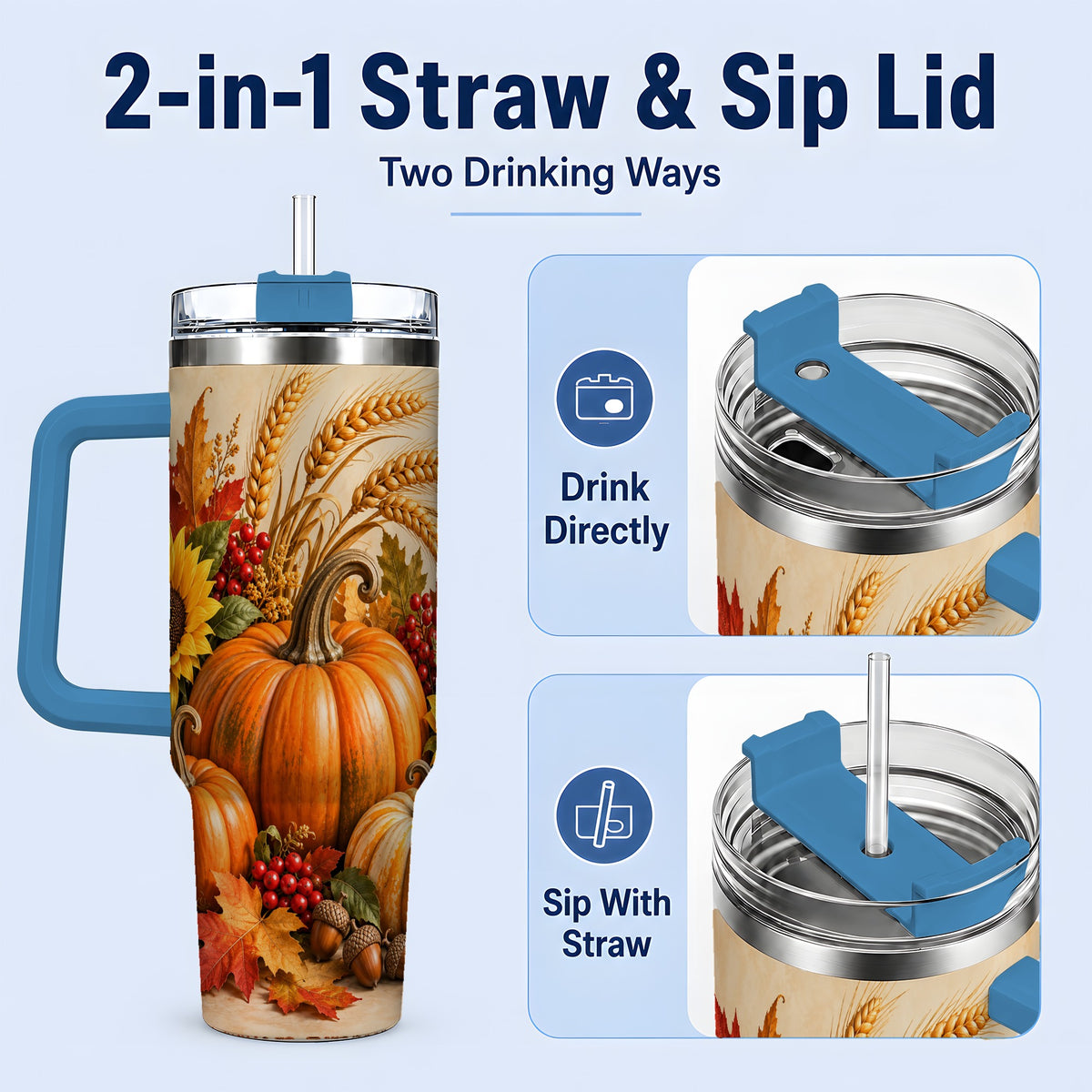 #pl[40oz|Blue] Autumn Pumpkin Harvest 40oz Tumbler, Large Seasonal Drinkware for Fall