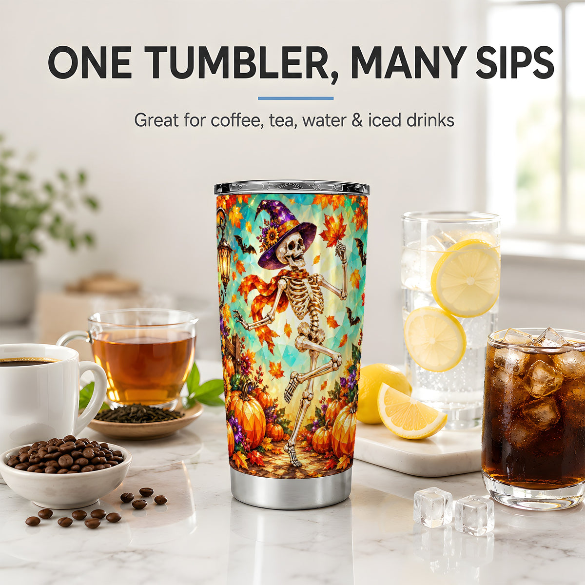 Halloween Skeleton 20oz Tumbler, Witch Hat Pumpkin Artwork