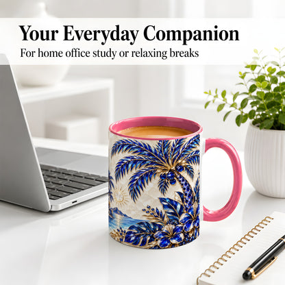 #pl[11oz|Pink] Blue Palm Tropical Ceramic Mug, Floral Coastal Artwork for Beach Fans