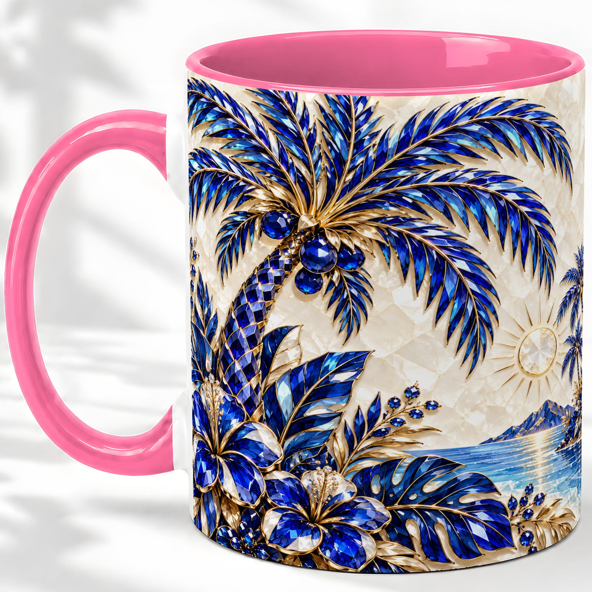 #pl[11oz|Pink] Blue Palm Tropical Ceramic Mug, Floral Coastal Artwork for Beach Fans