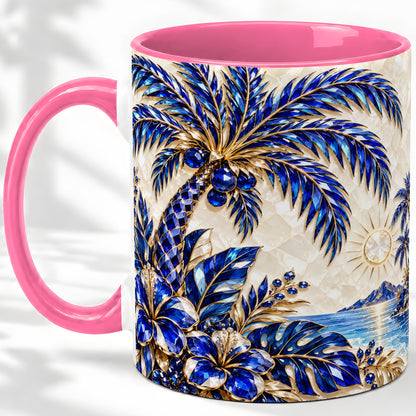 #pl[11oz|Pink] Blue Palm Tropical Ceramic Mug, Floral Coastal Artwork for Beach Fans