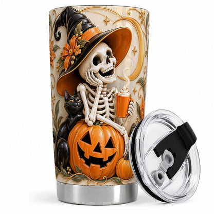 Halloween Witch Skeleton 20oz Tumbler, Black Cat Pumpkin Art