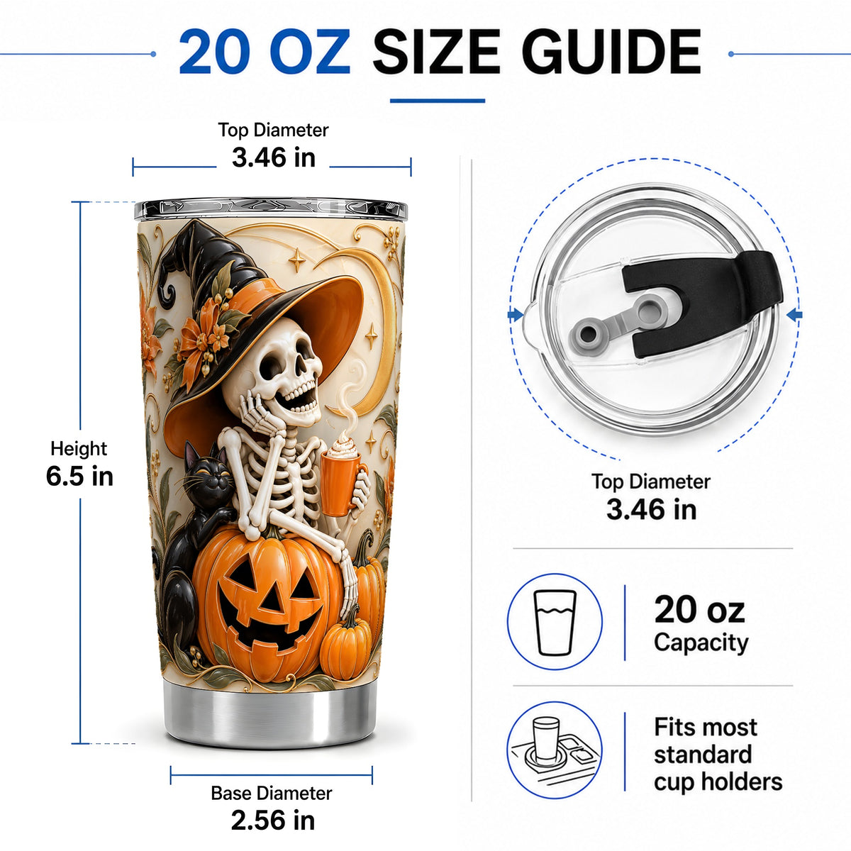 #pl[20oz|Steel] Halloween Witch Skeleton 20oz Tumbler, Black Cat Pumpkin Art