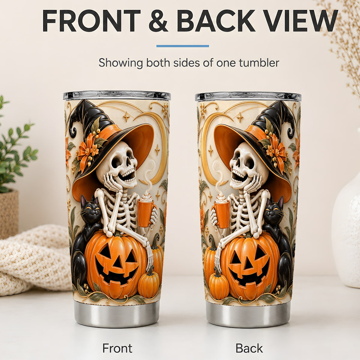 #pl[20oz|Steel] Halloween Witch Skeleton 20oz Tumbler, Black Cat Pumpkin Art
