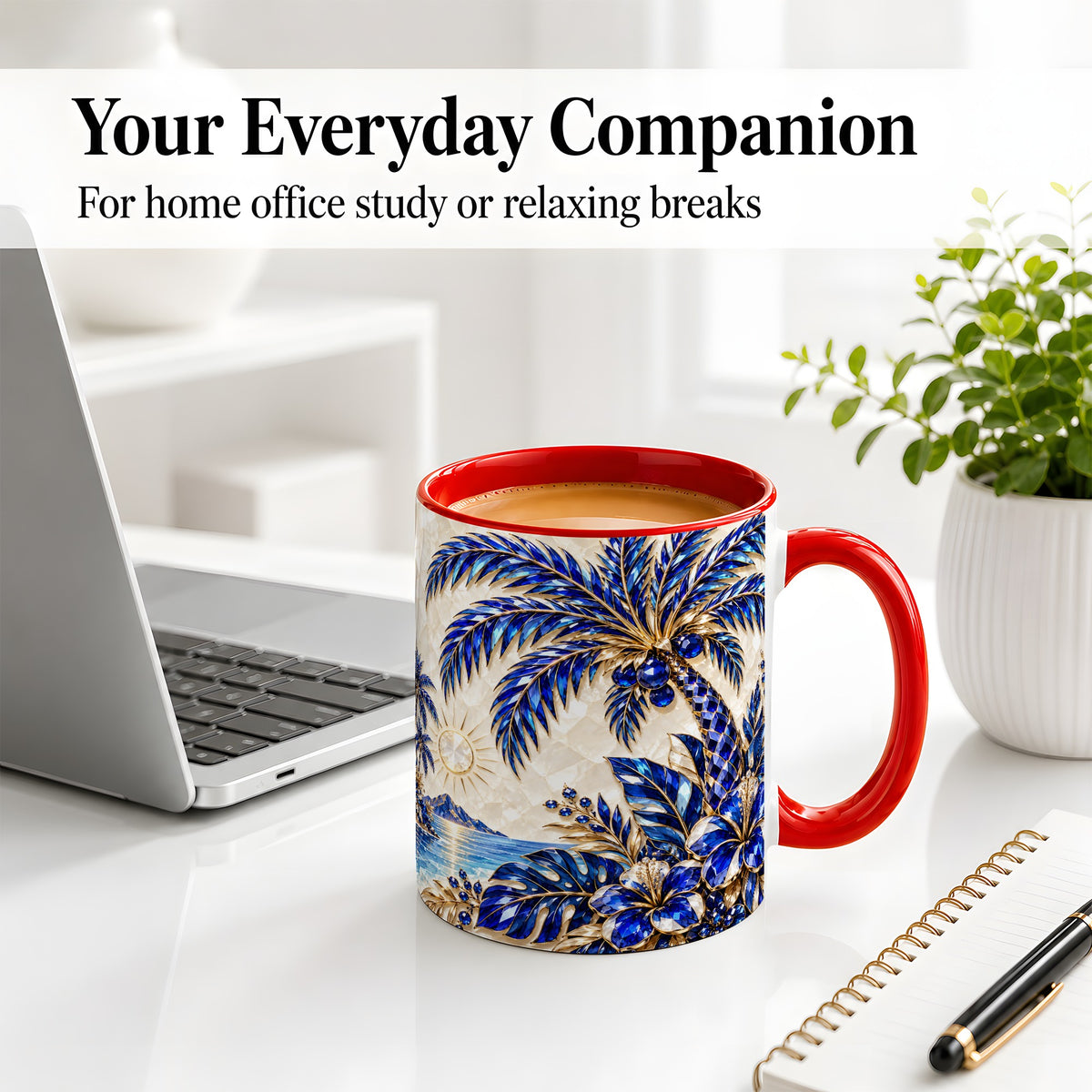#pl[11oz|Red] Blue Palm Tropical Ceramic Mug, Floral Coastal Artwork for Beach Fans