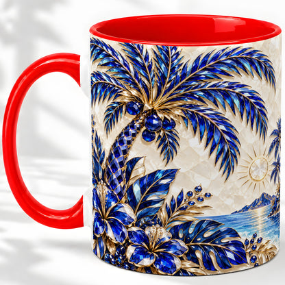 Blue Palm Tropical Ceramic Mug, Floral Coastal Artwork for Beach Fans