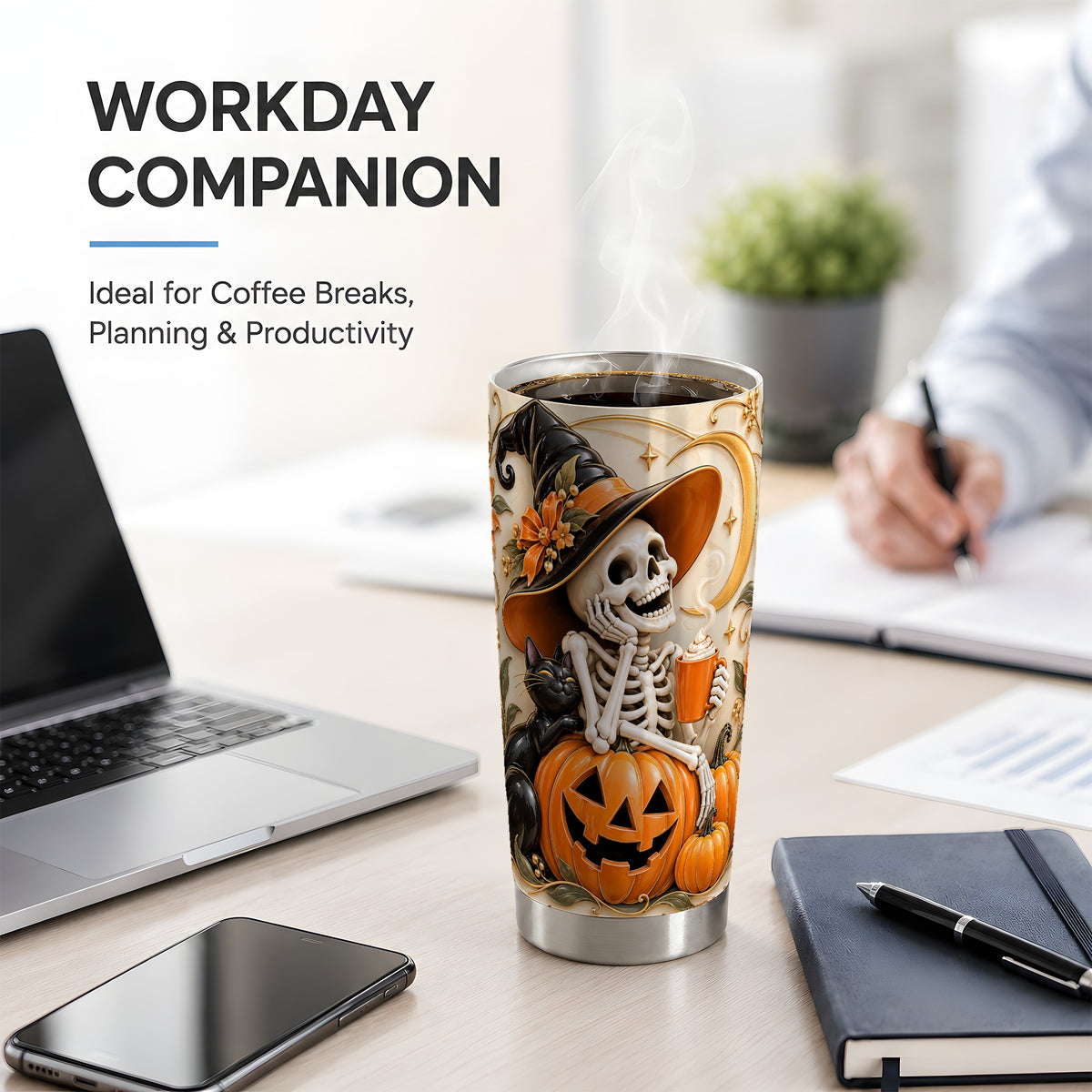 Halloween Witch Skeleton 20oz Tumbler, Black Cat Pumpkin Art