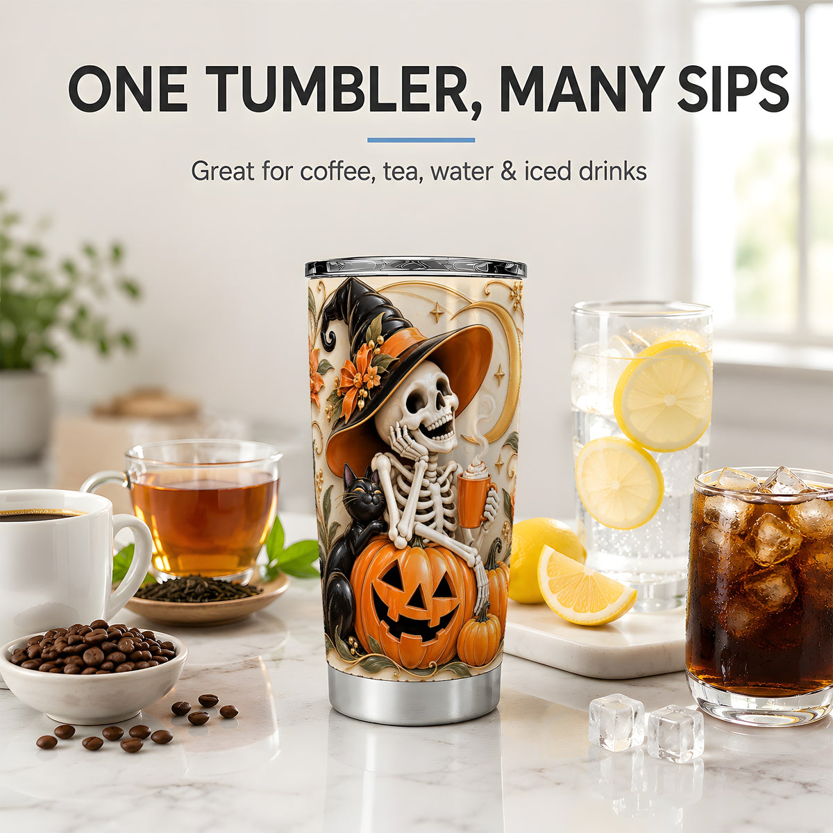 Halloween Witch Skeleton 20oz Tumbler, Black Cat Pumpkin Art