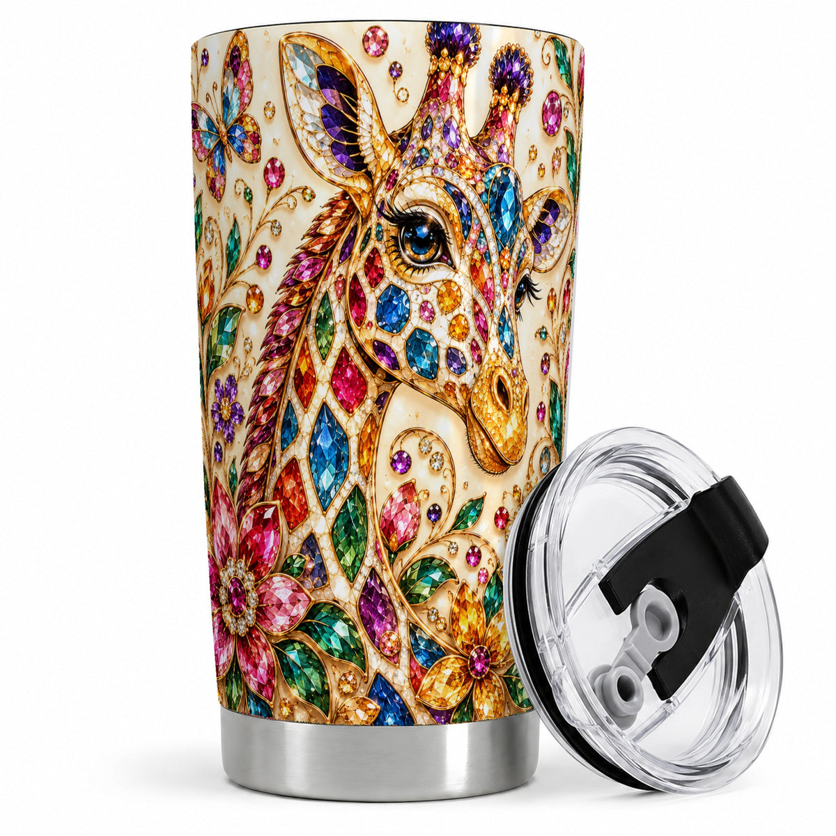 Gem Style Giraffe Floral 20oz Tumbler, Colorful Botanical Art