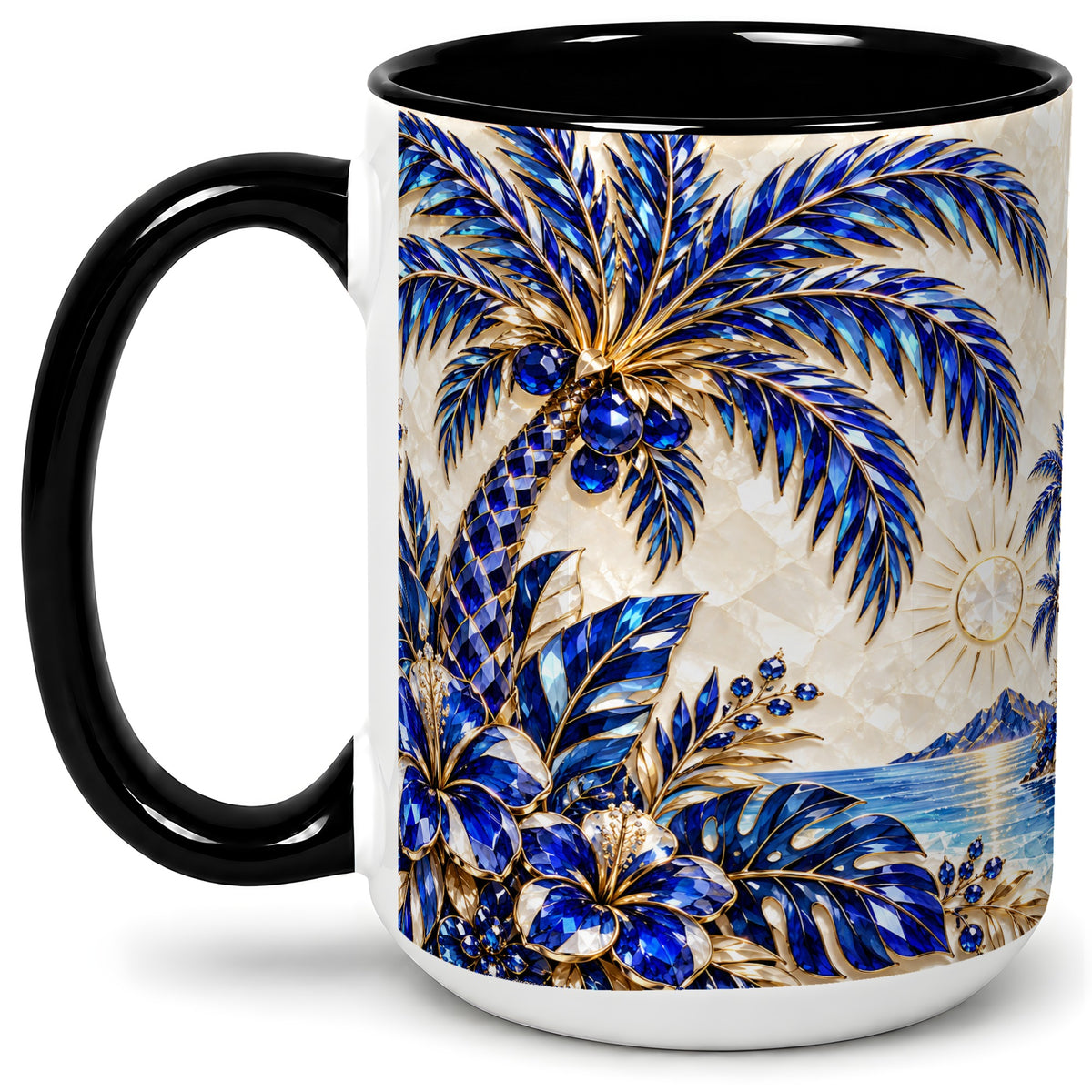#pl[15oz|Black] Blue Palm Tropical Ceramic Mug, Floral Coastal Artwork for Beach Fans