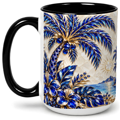 #pl[15oz|Black] Blue Palm Tropical Ceramic Mug, Floral Coastal Artwork for Beach Fans