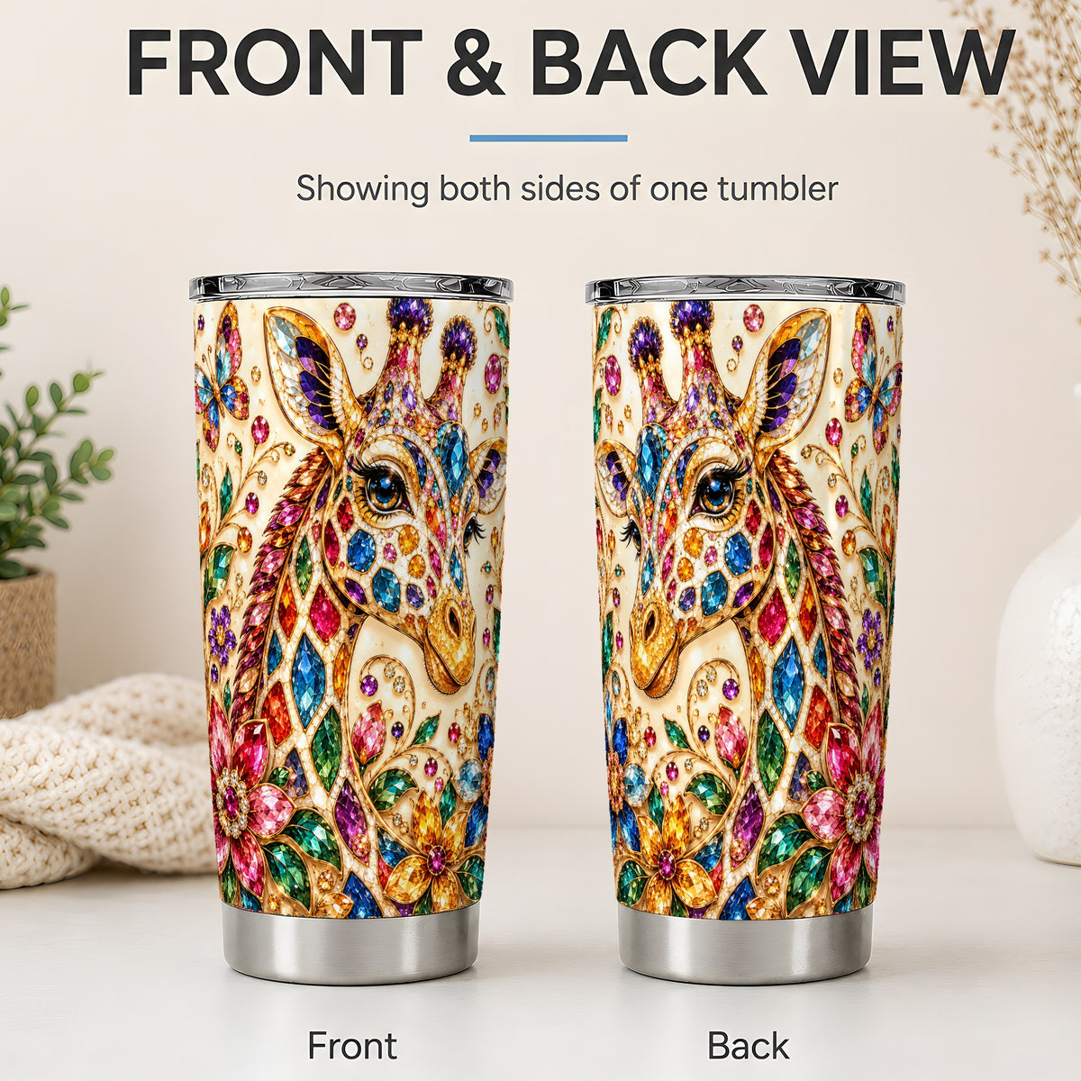 #pl[20oz|Steel] Gem Style Giraffe Floral 20oz Tumbler, Colorful Botanical Art