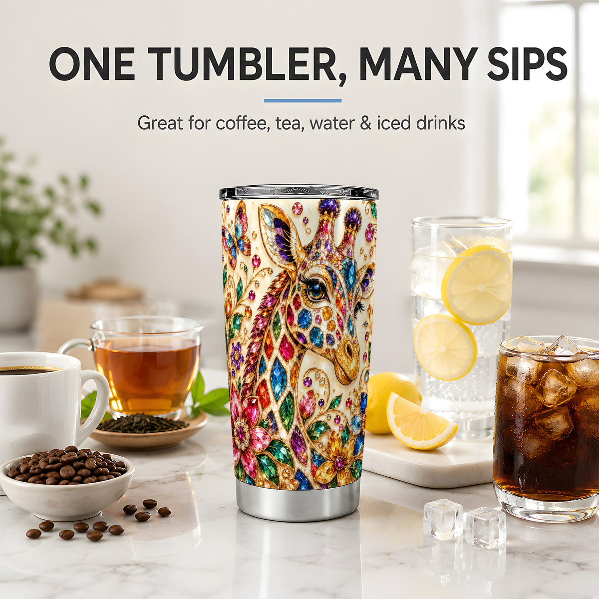 Gem Style Giraffe Floral 20oz Tumbler, Colorful Botanical Art