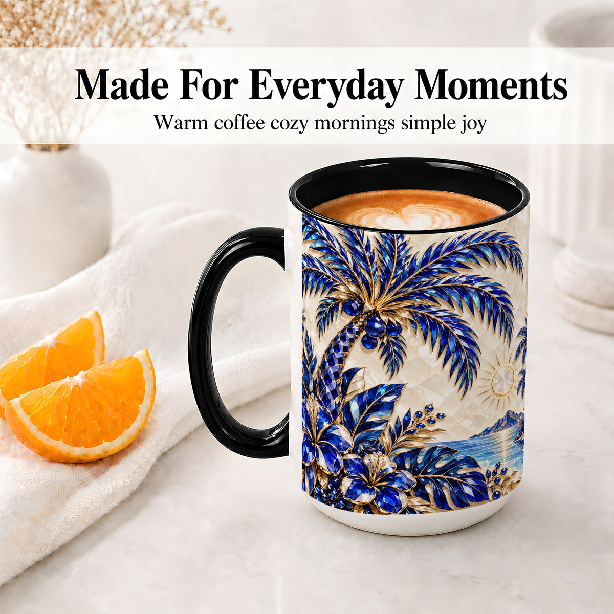 #pl[15oz|Black] Blue Palm Tropical Ceramic Mug, Floral Coastal Artwork for Beach Fans