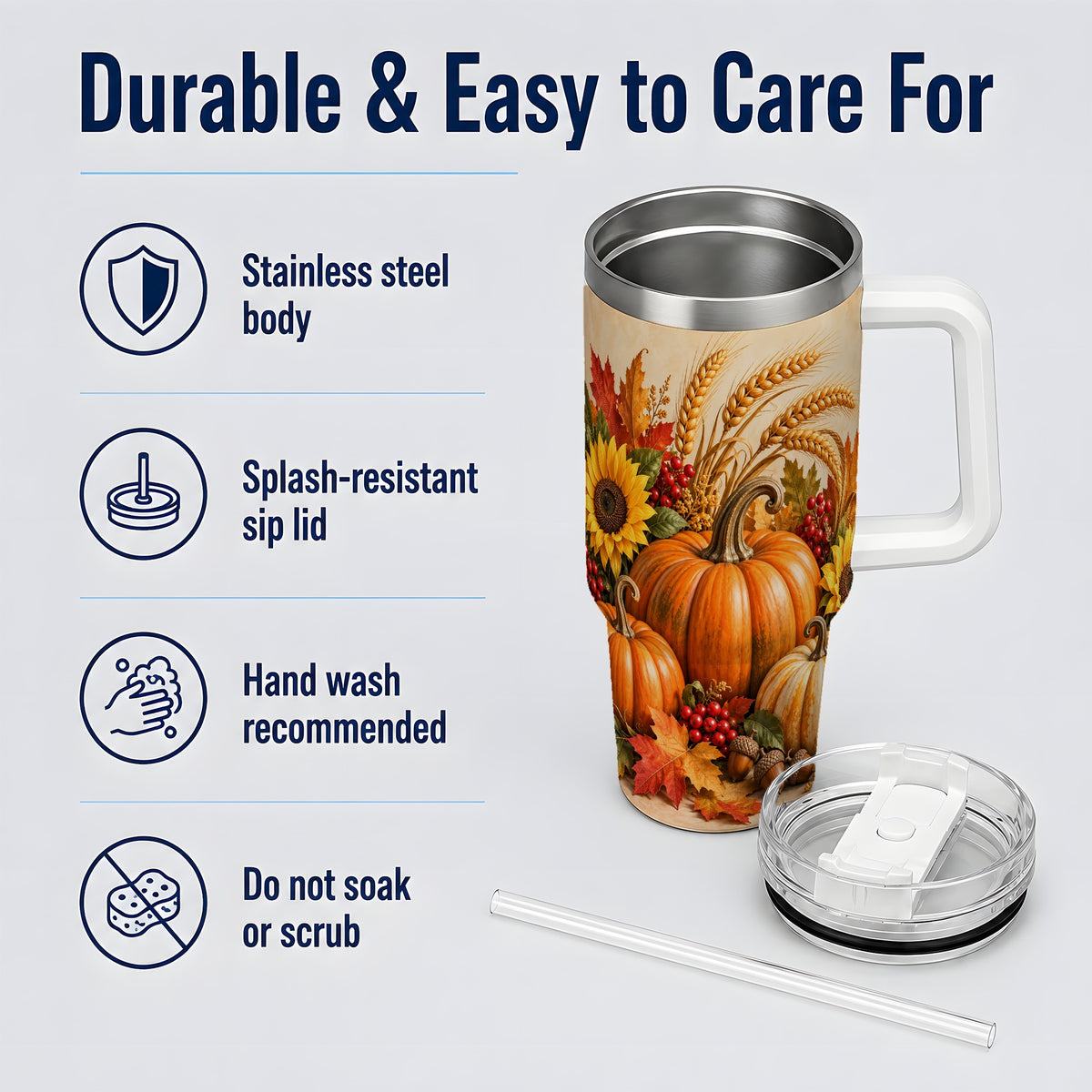 Autumn Pumpkin Harvest 40oz Tumbler, Large Seasonal Drinkware for Fall