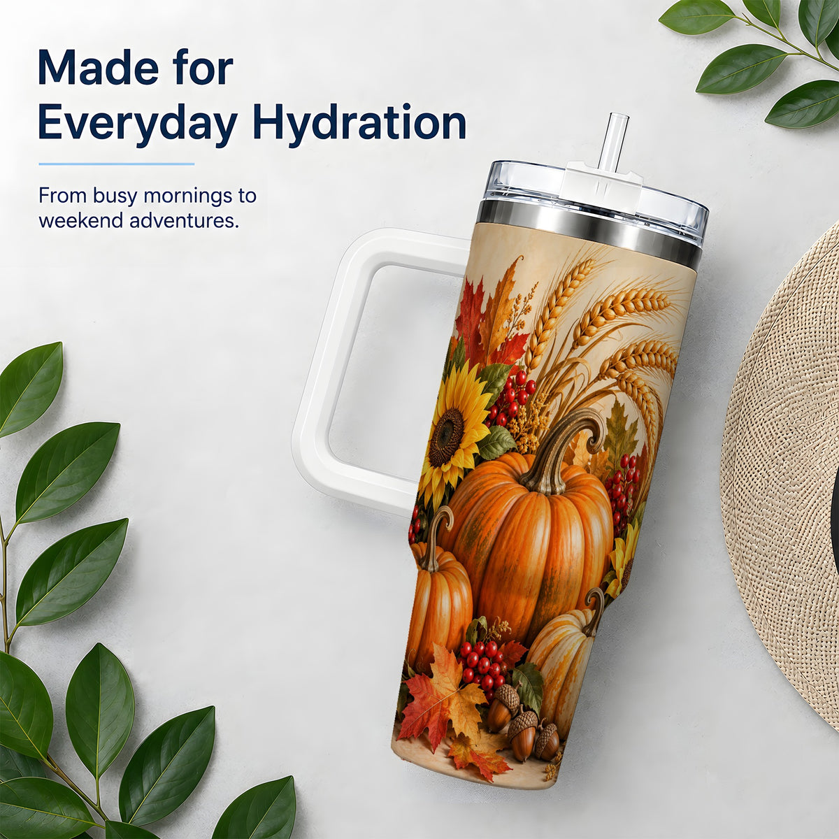 Autumn Pumpkin Harvest 40oz Tumbler, Large Seasonal Drinkware for Fall