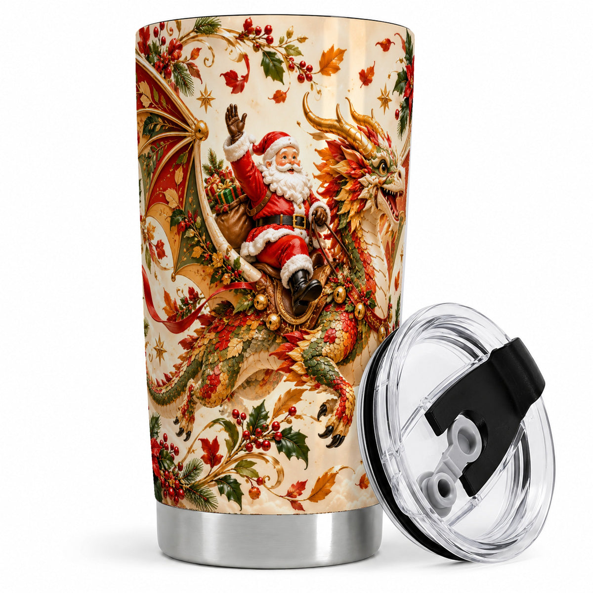 Santa Dragon Christmas 20oz Tumbler, Festive Holiday Artwork