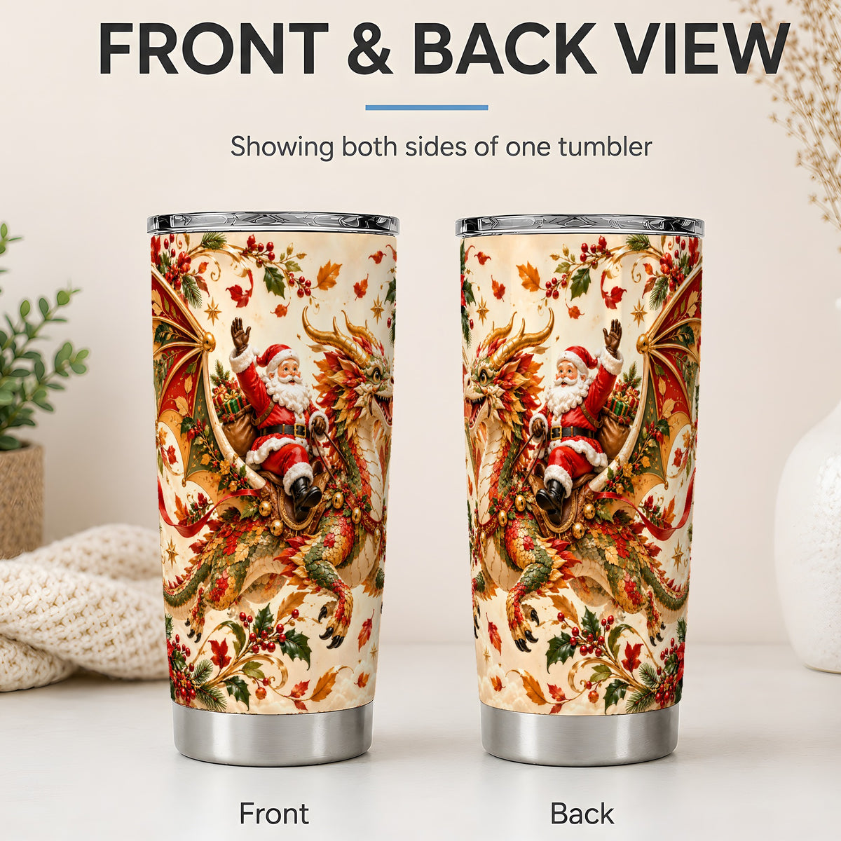 #pl[20oz|Steel] Santa Dragon Christmas 20oz Tumbler, Festive Holiday Artwork