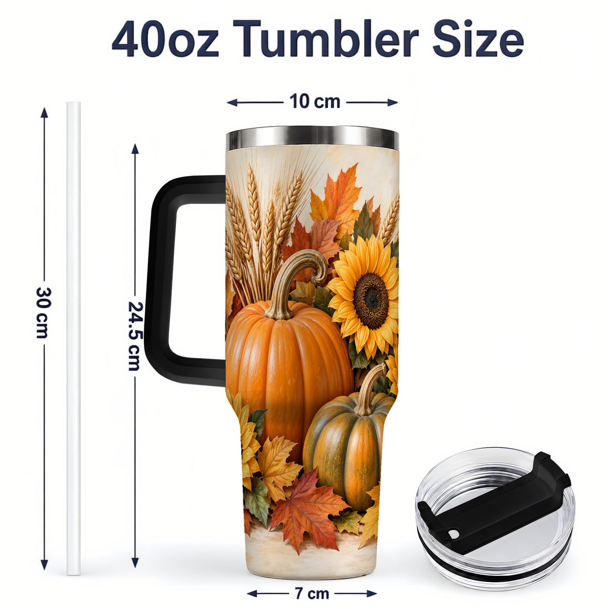#pl[40oz|Black] Autumn Pumpkin Sunflower 40oz Tumbler, Large Seasonal Drinkware for Fall
