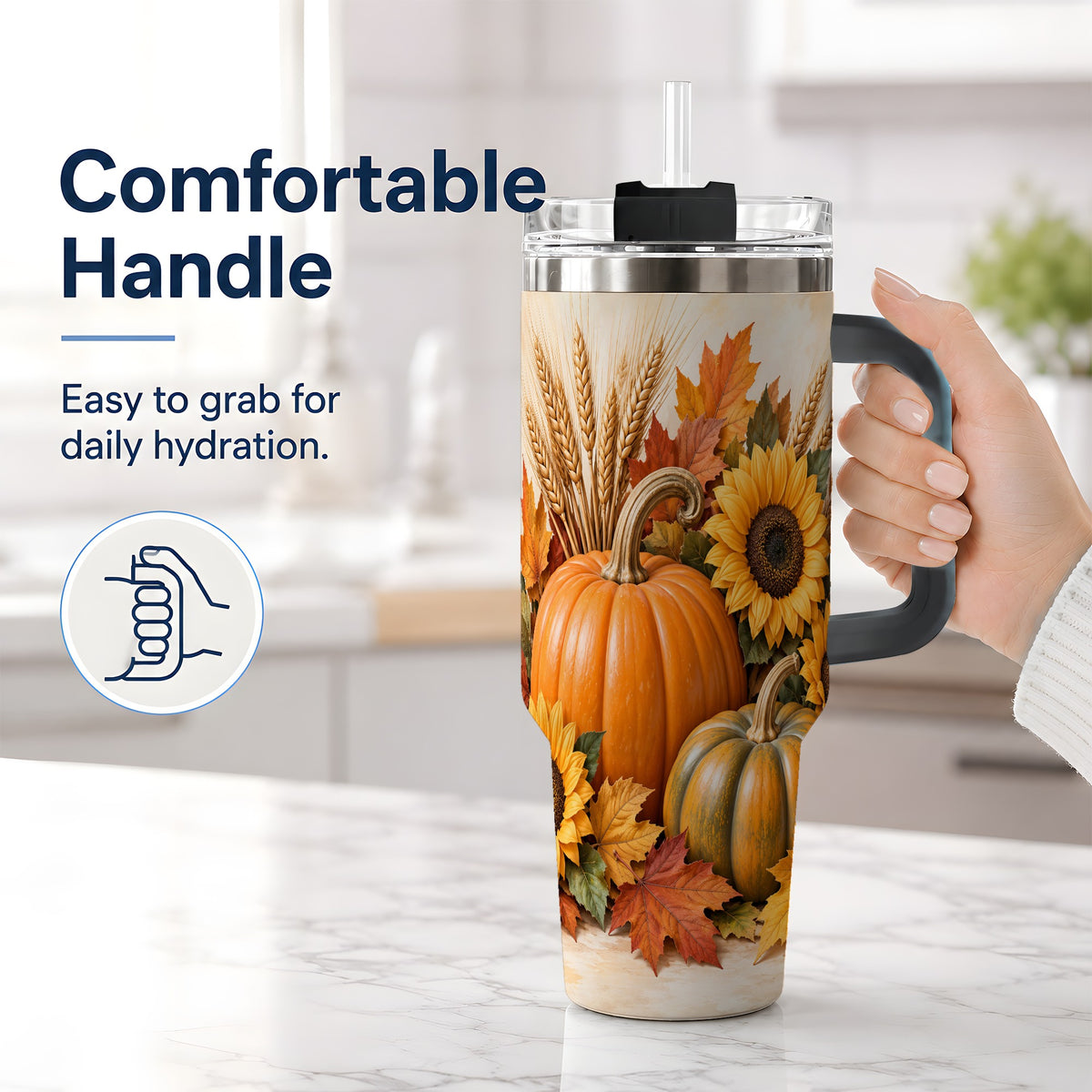 #pl[40oz|Black] Autumn Pumpkin Sunflower 40oz Tumbler, Large Seasonal Drinkware for Fall