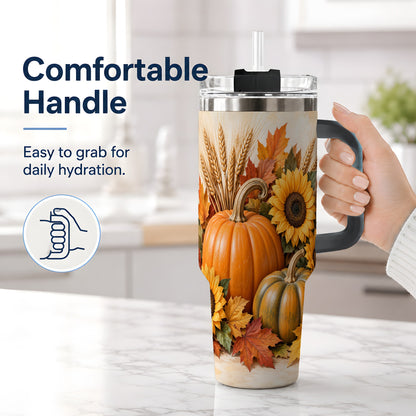 #pl[40oz|Black] Autumn Pumpkin Sunflower 40oz Tumbler, Large Seasonal Drinkware for Fall