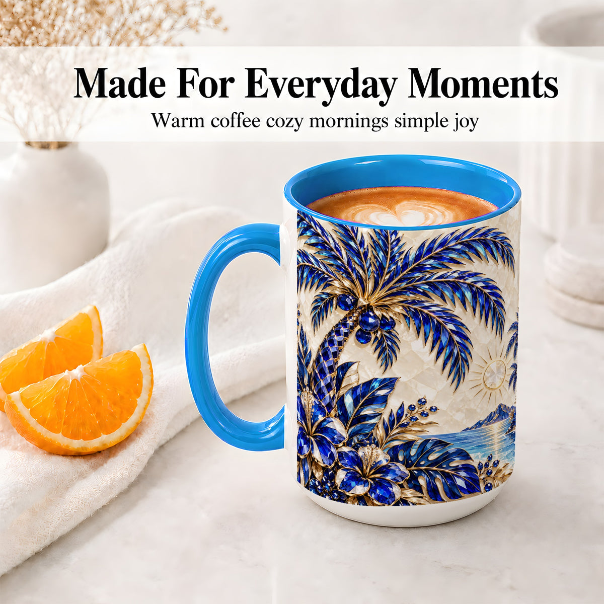 #pl[15oz|Blue] Blue Palm Tropical Ceramic Mug, Floral Coastal Artwork for Beach Fans