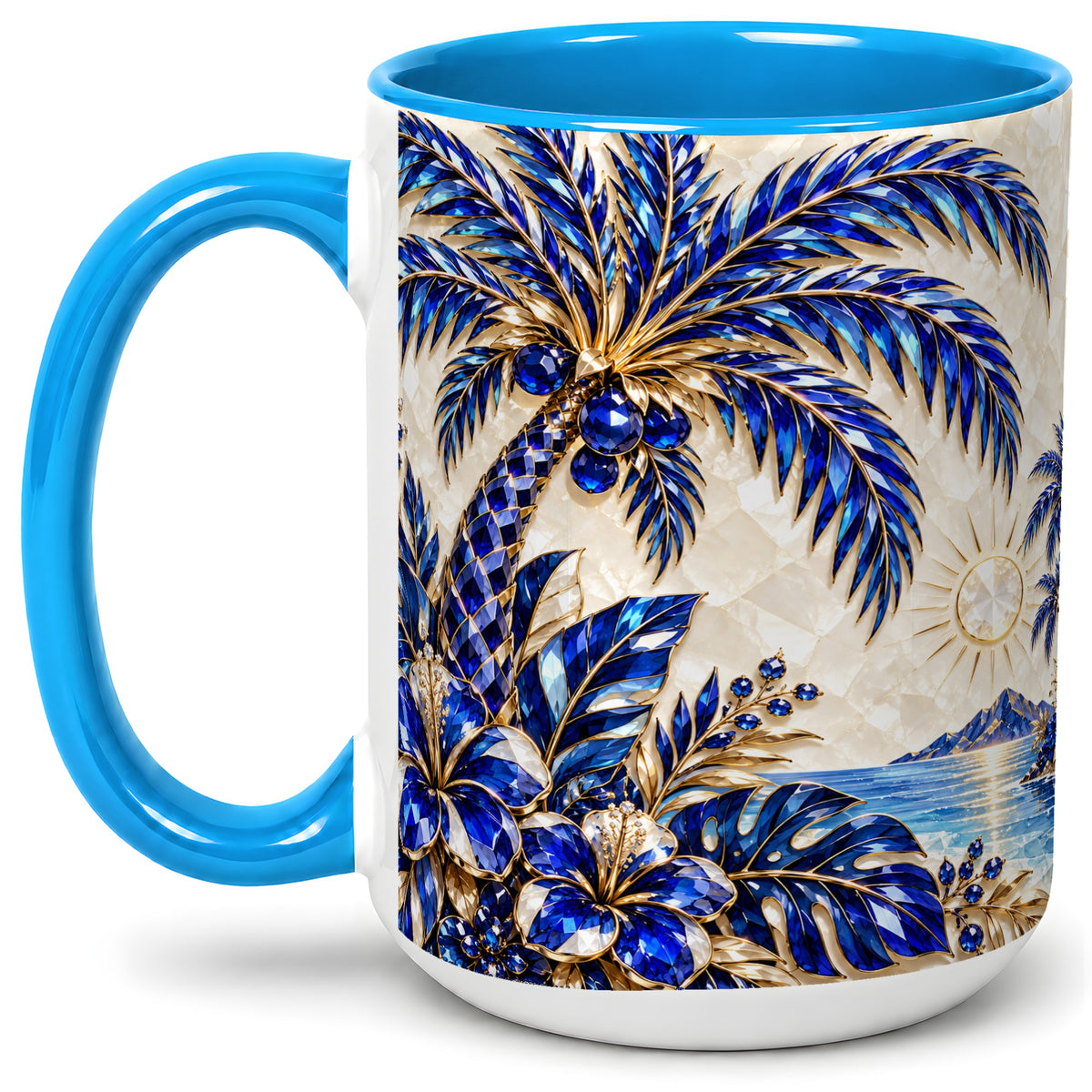 #pl[15oz|Blue] Blue Palm Tropical Ceramic Mug, Floral Coastal Artwork for Beach Fans