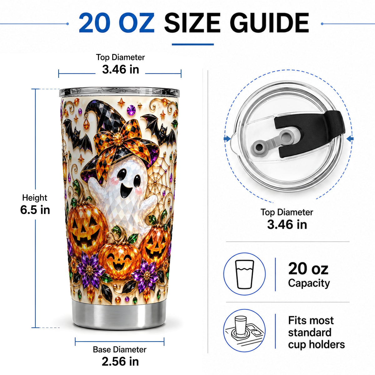 #pl[20oz|Steel] Cute Ghost Halloween 20oz Tumbler, Pumpkin Witch Hat Artwork