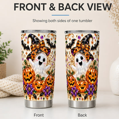 #pl[20oz|Steel] Cute Ghost Halloween 20oz Tumbler, Pumpkin Witch Hat Artwork