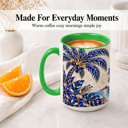 #pl[15oz|Green] Blue Palm Tropical Ceramic Mug, Floral Coastal Artwork for Beach Fans