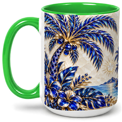 #pl[15oz|Green] Blue Palm Tropical Ceramic Mug, Floral Coastal Artwork for Beach Fans