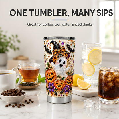 Cute Ghost Halloween 20oz Tumbler, Pumpkin Witch Hat Artwork