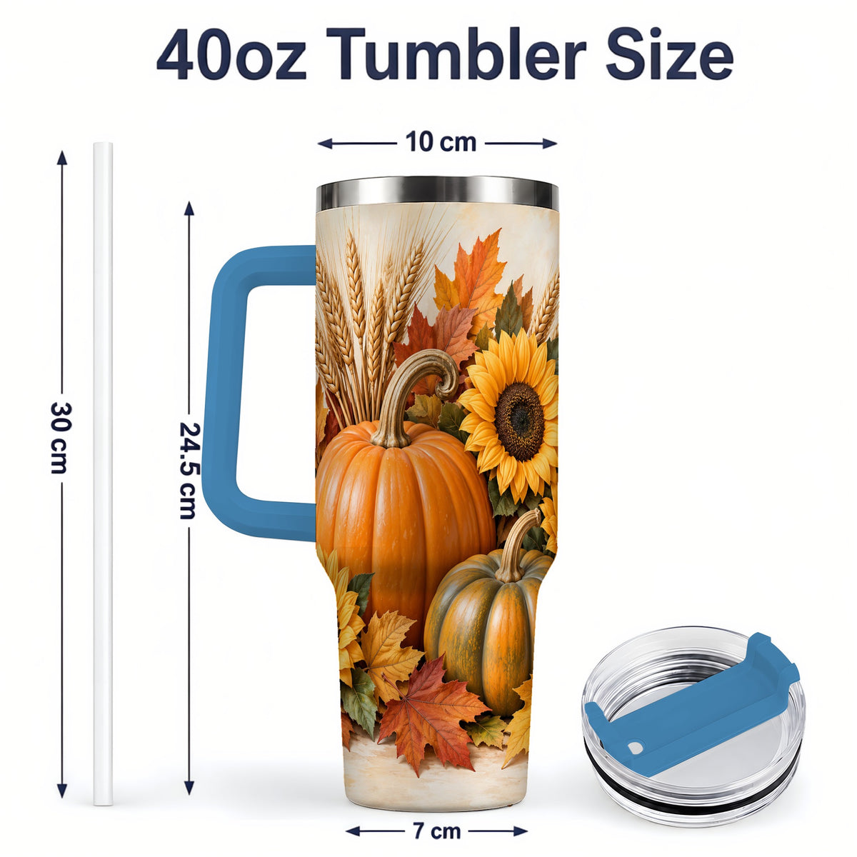 #pl[40oz|Blue] Autumn Pumpkin Sunflower 40oz Tumbler, Large Seasonal Drinkware for Fall