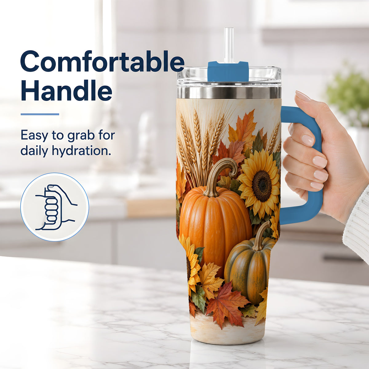 #pl[40oz|Blue] Autumn Pumpkin Sunflower 40oz Tumbler, Large Seasonal Drinkware for Fall