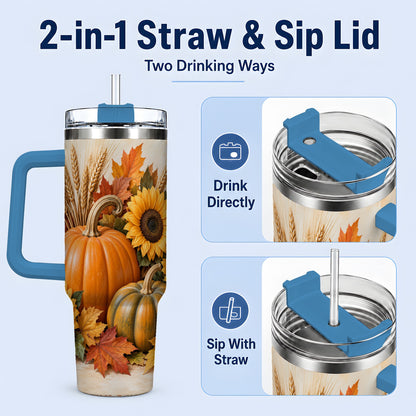 #pl[40oz|Blue] Autumn Pumpkin Sunflower 40oz Tumbler, Large Seasonal Drinkware for Fall