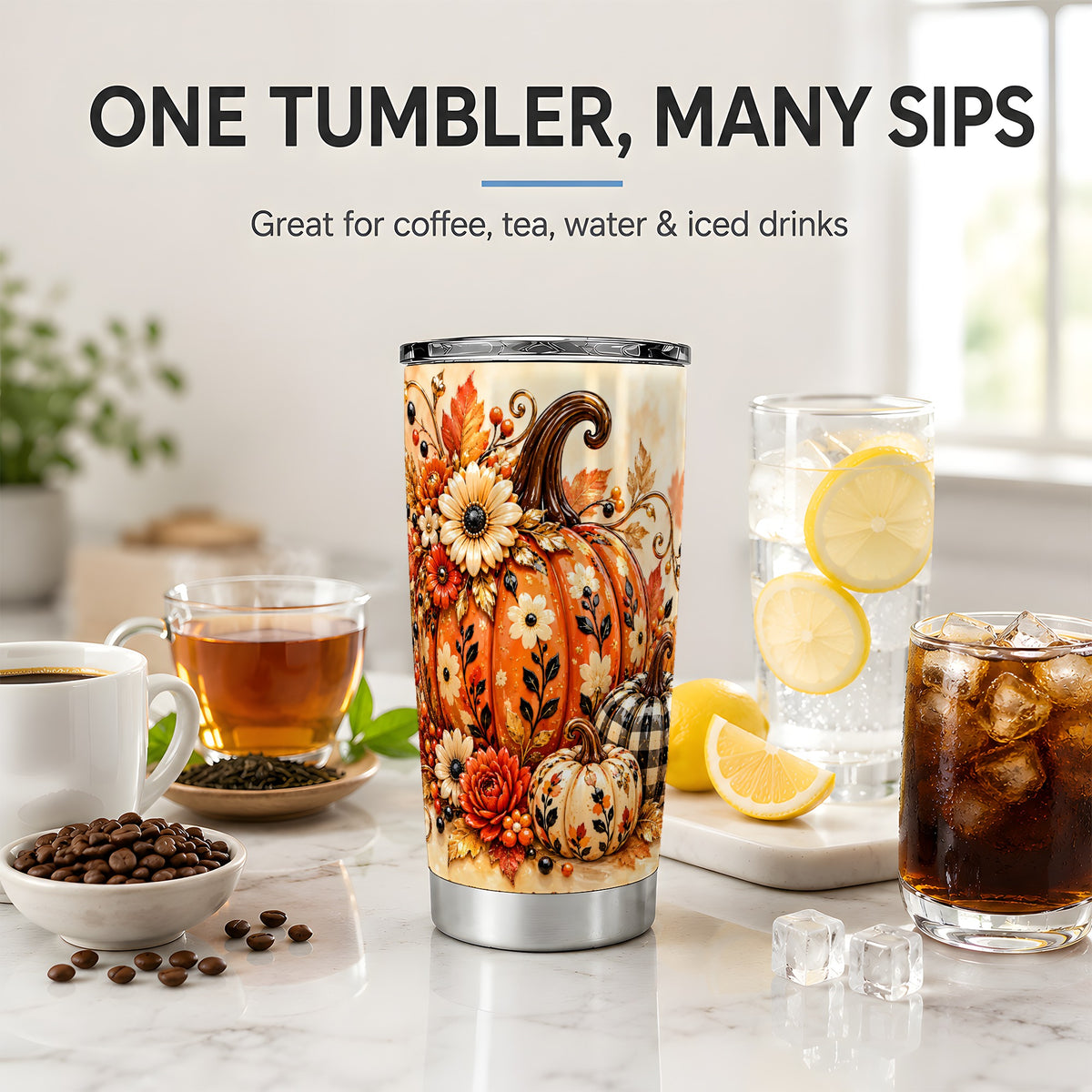 Autumn Pumpkin Floral 20oz Tumbler, Stainless Steel Drinkware