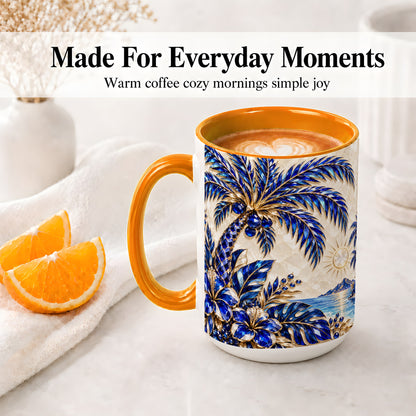 #pl[15oz|Orange] Blue Palm Tropical Ceramic Mug, Floral Coastal Artwork for Beach Fans